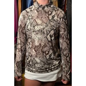 Tahari Snakeskin Print Top Women Large Brown Good Mock Neck Keyhole Mesh Mesh L